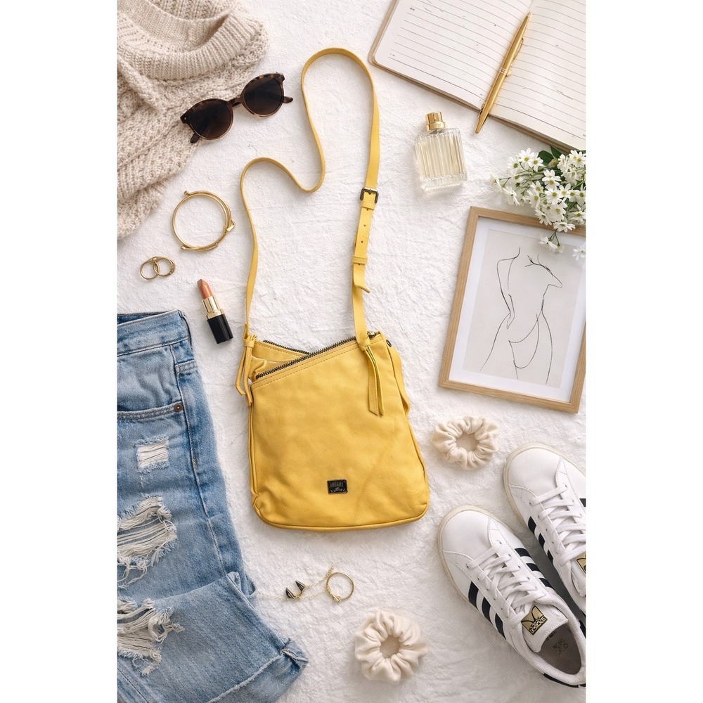 Koba Yellow Leather Crossbody Bag Asymmetrical Zip Adjustable Strap Small